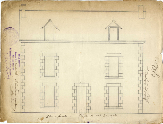 Maison Guillo : plan de façade / Pontivy 1908.- 1 plan : papier, échelle 1:50e ; 32 x 24,5cm.