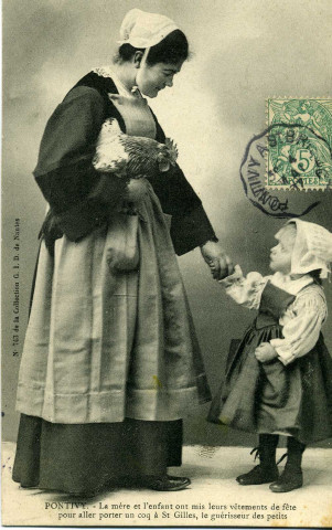 Pontivy : la mère et l'enfant ont mis leurs vêtements de fête pour aller porter un coq à S[ain]t Gilles, le guérisseur des petits.
NantesGID1907
; 743