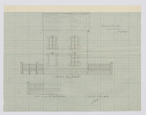 Projet Corgne : élévation de la façade sur la rue Jullien./ plan papier millimétré, échelle1:50e ; 48 x 37,5cm.