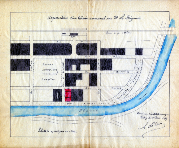 Acquisition d'un terrain communal par M. Le Brigand : plan de localisation du terrain / Dessin Le Corre Architecte.- Pontivy 1897.- 1 plan : calque, échelle 1:2000 ; 36,5 x 30,5cm.