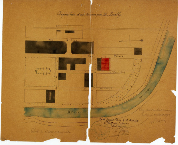 Acquisition d'un terrain par M. Bailly : plan de localisation du terrain / Dessin Le Corre Architecte.- Pontivy 1893.- 1 plan : calque, lavis de couleurs, échelle 1:2000 ; 33 x 28cm.