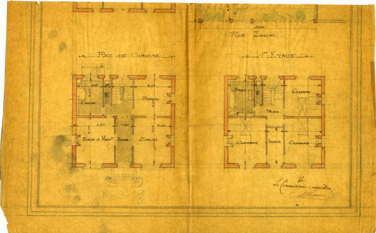 Maison Le Roux : plan rez de chaussée, premier et second étages / 1 plan avec lavis de couleurs ; 41 x 50cm.