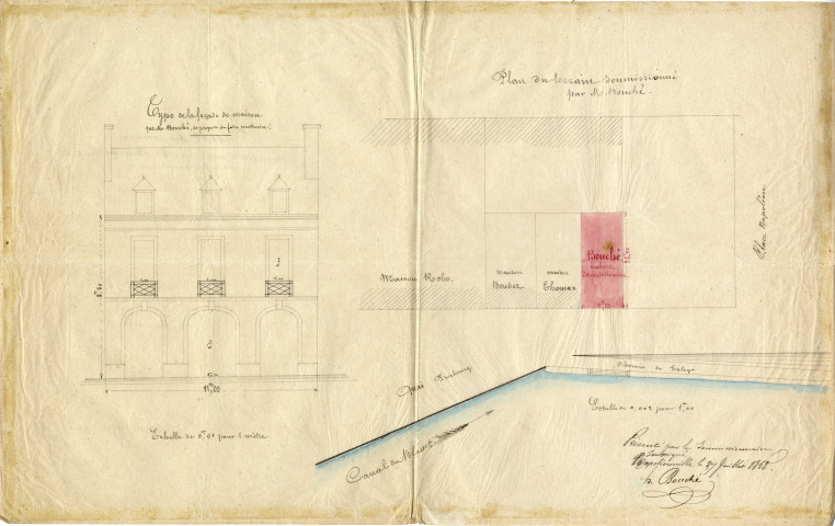 Plan du terrain soumissionnépar Mr Bouché /dessin Jouanno architecte.- Napoléonville 1858.- plan papier aquarellé, échelle, 1:400e ; 35 x 40cm.