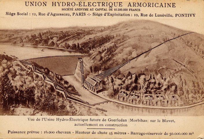 Union hydro-électrique armoricaine… : vue de l'usine hydro-électrique future de Guerlédan (Morbihan) sur le Blavet, actuellement en construction….
PuteauxPrieur et Dubois et Cie[1926 ? ]
 