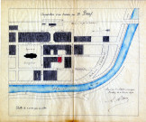 Acquisition d'un terrain par M. Boeuf : plan de localisation du terrain / Dessin Le Corre Architecte.- Pontivy 1898.- 1 plan : calque, lavis de couleurs, échelle 1:2000 ; 35,5 x 30cm.