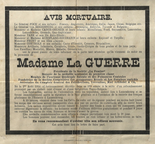 Affichette « avis mortuaire de madame la guerre »