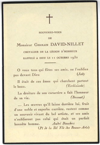 "Le Peintre G. DAVID-NILLET" : [ faire-part de décès]
