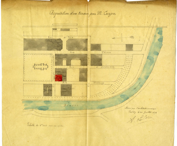 Acquisition d'un terrain par M. Cuzon : plan de localisation du terrain / Dessin Le Corre Architecte.- Pontivy 1895.- 1 plan calque, échelle 1:2000 ; 35 x 31,5cm.