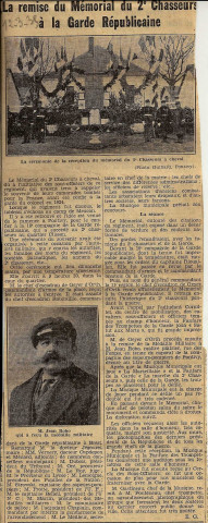 Article de journal du 12 mars 1935 : "la remise du Mémorial du 2e chasseur à la garde républicaine"