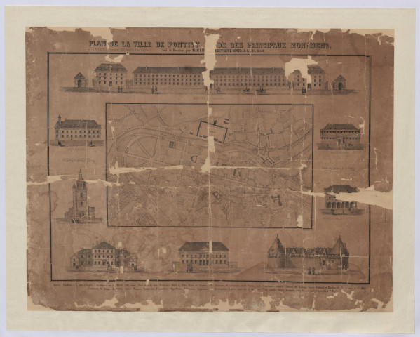 [Plan de la ville de Pontivy et ses principaux monuments (élévations et plan) levé et dessiné par Marsille, architecte voyer de la ville] Pontivysn1850