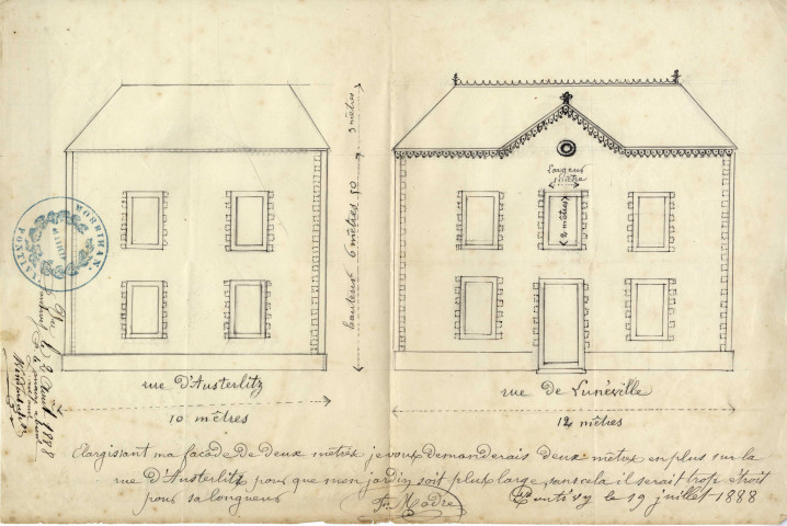 Maison Madre, second projet : élévations rues de Lunéville et rue d'Austerlitz / Pontivy 1888.- 1 plan : papier ; 30 x 20cm.