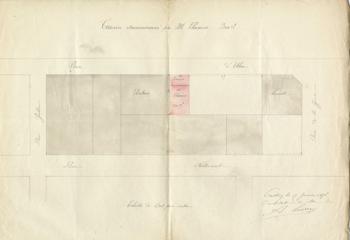 Terrain soumissionné par M. Thomas : plan de localisation du terrain / Dessin Le Corre Architecte.- Pontivy 1876.- 1 plan : papier, lavis de couleurs ; 44,5 x 31cm.