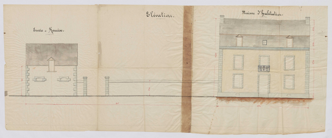 Elévation de la maison d'habitation et de la remise et écurie / plan calque aquarellé ; 99 x 35,5cm.