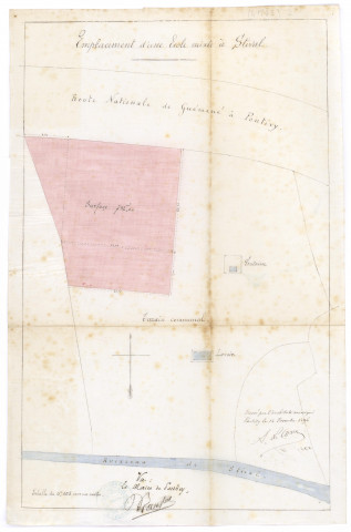Emplacement d'une Ecole mixte à Stival . - Pontivy, 1896. - 1 plan plié : papier toilé, lavis, coul., échelle 5:100 ; 49,5 x 32,5 cm