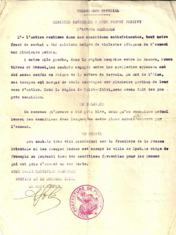 Télégramme officiel du 11 octobre 1914 du ministre de l'intérieur au sous préfet de Pontivy sur la situation au front.