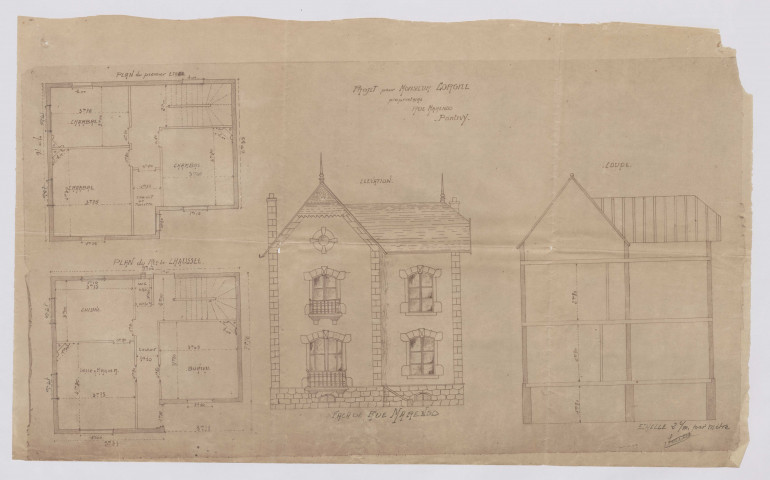 Projet Corgne : plan du 1e étage, plan rez de chaussée, élévation de la façade sur la rue, coupe./ plan papier, échelle1:50e ; 70 x 43cm.