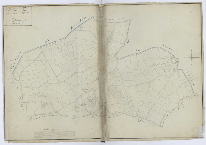 Section E dite de S[ain]t Niel, 1e subdivision depuis le n°1er jusqu'à 337. - 1 plan : papier, lavis, coul., échelle 1:2500 ; 69 x 99 cm.