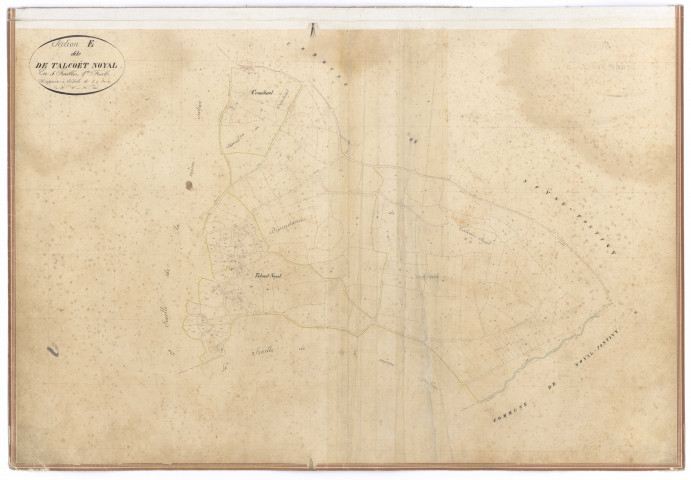 Section F dite de la Houssaye, 1e feuille du n°1er au n°160 ; 1 plan : papier, lavis, coul., échelle 1:2000 ; 70 x 103 cm.