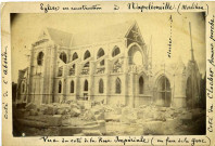Tirage légendé et annoté : ''Eglise en construction à Napoléonville (Morbihan)'', ''côté de l'abside'', ''clocher'', ''côté du clocher formant porche'', ''Vue du coté de la Rue Impériale (en face de la gare).