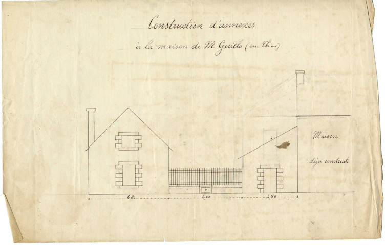 Rectification au plan présenté par M. Guillo, forgeron : élévation / dessin Le Corre architecte.- Pontivy 1883.- 1 plan papier, échelle 1:100 ; 40 x 31cm.