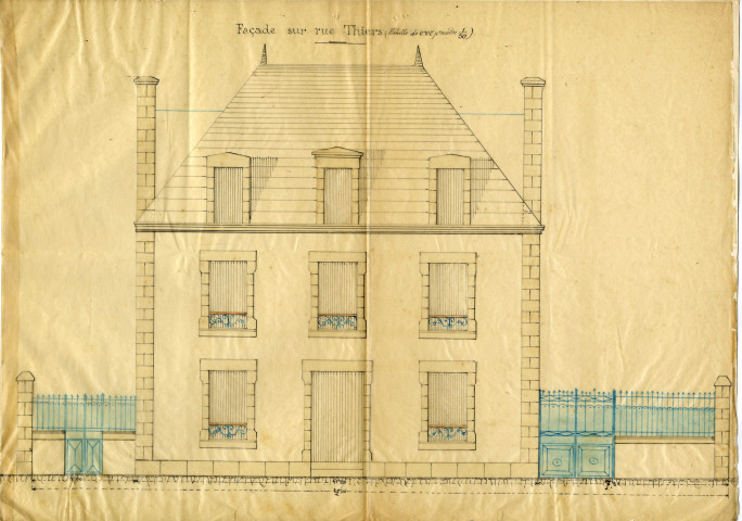 Projet de construction de maison de M. A. Tanquerey, dessin de la façade principale : élévation / Dessin Le Sénéchal.- Pontivy 1897.-  1 plan : calque avec lavis, échelle 1:50e ; 42 x 30cm.