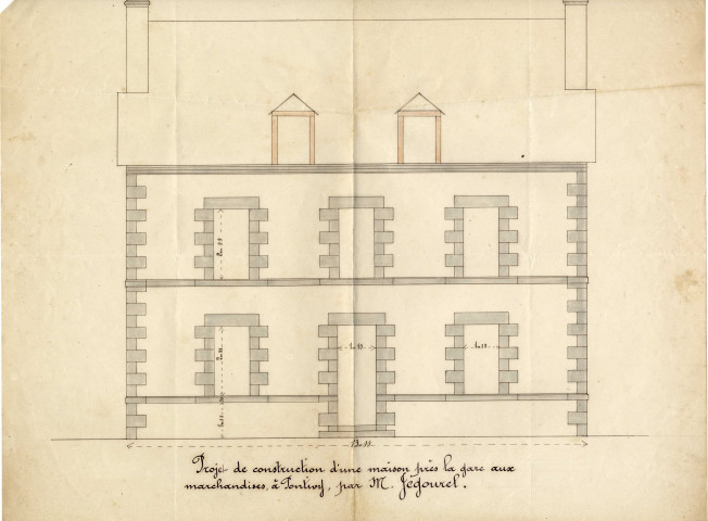 Projet de construction d'une maison près de construction d'une maison près de la gare aux marchandises à Pontivy par M. Jégourel : élévation / 1 plan papier avec lavis ; 40 x 31,5cm.