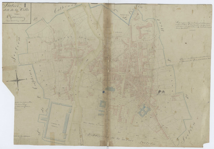 Section I dite de la Ville, 1e subdivision depuis le n°1er jusqu'à 861 dernier. - 1 plan : papier, lavis, coul., échelle 1:1250 ; 66x 95 cm.