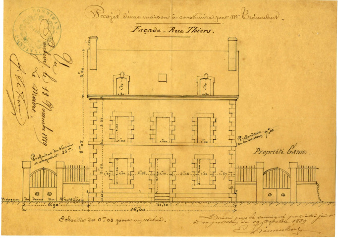 Projet d'une maison à construire par Mr Trémenbert : façade rue Thiers / dessin de Trémenbert.- Pontivy 1889.- 1 plan : calque, échelle 1:100e ; 25 x 18cm.