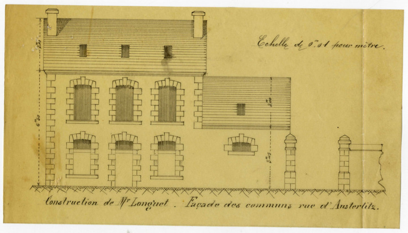 Construction de Mr Longuet. Façade des communs rue d'Austerlitz / 1 plan : calque, échelle 1:100e ; 22,5 x 12,5cm.