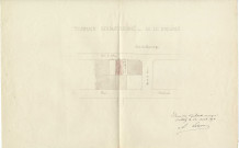 Terrain soumissionné par M. Le Brigand : plan de localisation du terrain / Dessin Le Corre Architecte.- Pontivy 1878.- 1 plan : papier, lavis de couleurs, échelle 1:2000 ; 40 x 25,5cm.