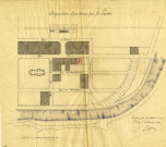 Acquisition d'un terrain par M. Palisson : plan de localisation du terrain / Dessin Le Corre Architecte.- Pontivy 1892.- 1 plan : calque, lavis de couleurs, échelle 1:2000 ; 30,5 x 27,5cm.