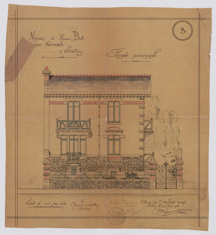 Maison Bot : façade principale / dessin Ramonatxo.- Pontivy 1906.- Plan calque aquarellé, échelle 1:50e ; 41 x 45cm.