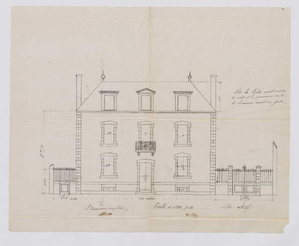 Plan en élévation de la maison de Léon Boeuf/ plan calque, échelle 1:50e ;  56x 45cm.