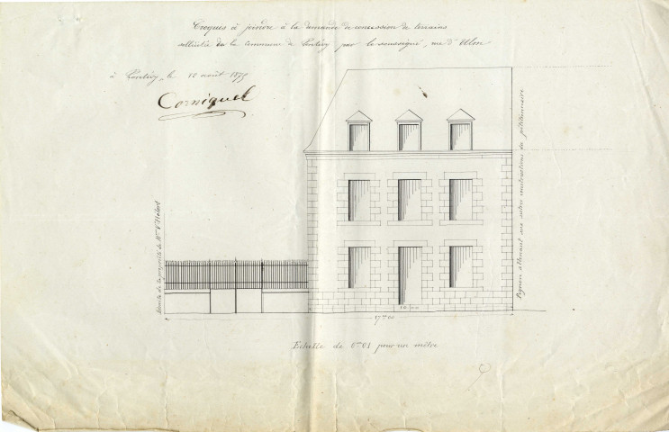 Croquis de la maison Corniquel, rue d'Ulm/ Pontivy 1875.- plan : papier, échelle 1:100e ; 32,5 x 21cm.