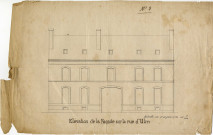 Elévation du bâtiement projeté par les frères Cocary rue d'Ulm Iéna/ Dessin de Vételet, plan papier échelle 1:100e ; 21,5 x 32,5cm.