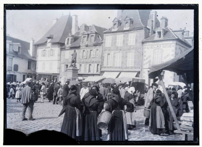 [Pontivy. Marché place du Martray : vue d'ensemble des étalages et des clients, en arrière plan la statue d'Ange Guépin] / [cliché de Joseph Bellec].
[ca 1905]