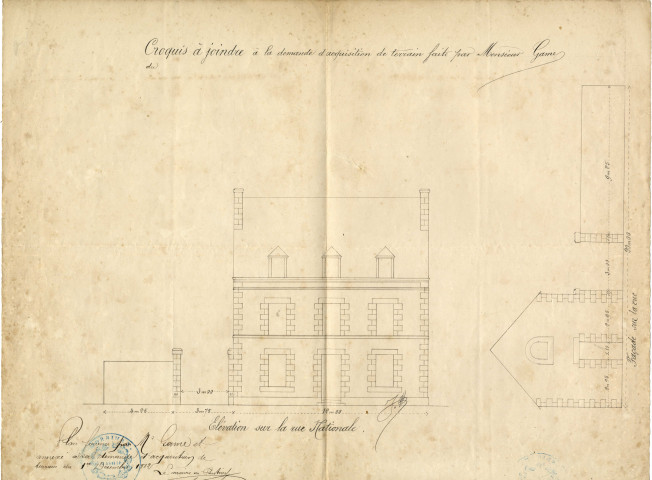 Croquis de la demande d'acquisition faite par Monsieur Game : élévations sur la rue nationale et sur la rue d'Austerlitz / 1882.- 1 plan : papier ; 40 x 31cm.
