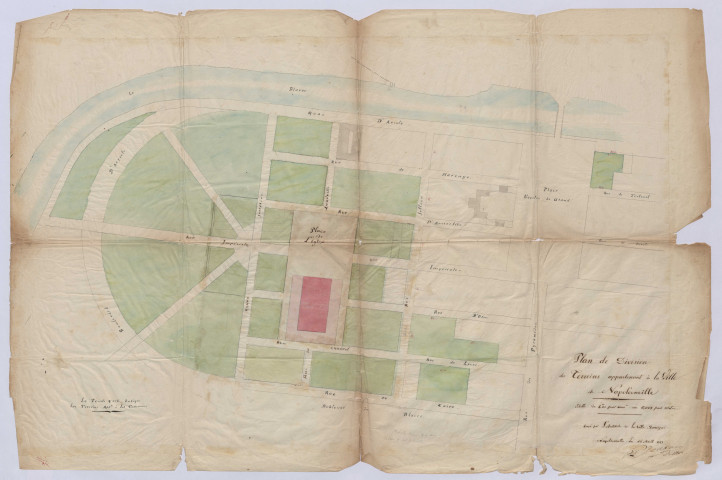Terrain soumissionné par M. Le Brigand : plan de localisation du terrain / Dessin Le Corre Architecte.- Pontivy 1878.- 1 plan : papier, lavis de couleurs, échelle 1:2000 ; 40 x 25,5cm.