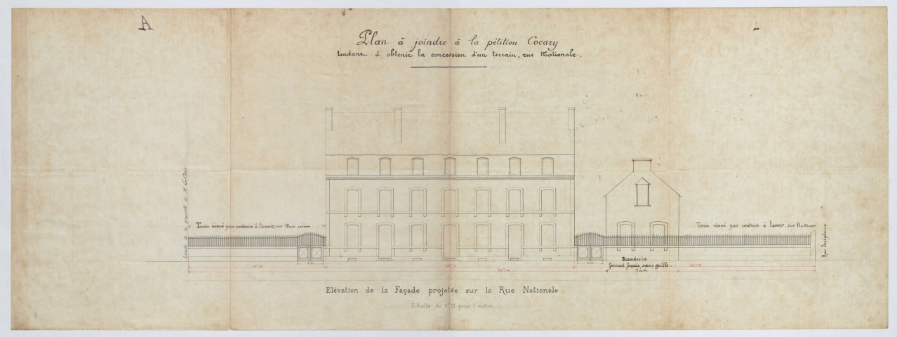 Elevation de la façade projetée sur la rue nationale/ plan sur toile, échelle 1:100 ; 84 x 31cm.