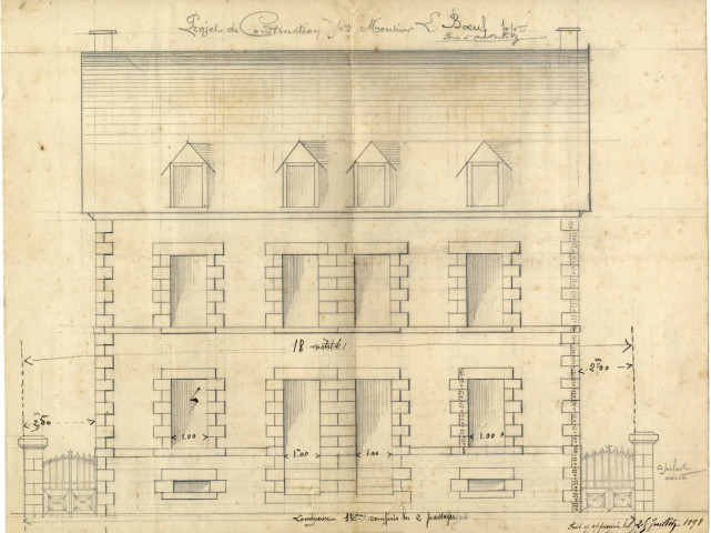 Projet de construction pour M. Boeuf propriétaire rue d'Austerlitz : élévation / Dessin Léon Boeuf.- Pontivy 1898.- 1 plan : papier ; 39 x 31,5cm.