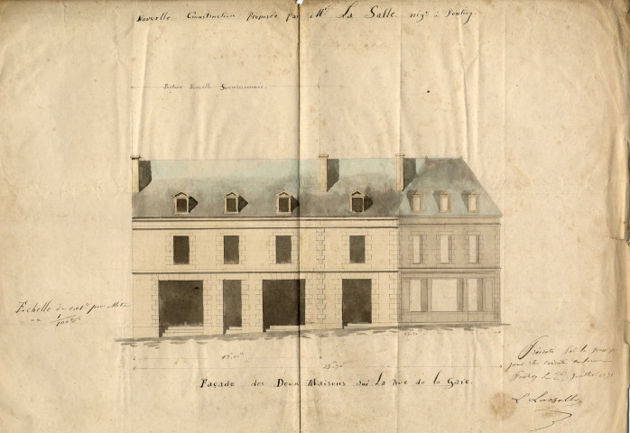 Nouvelle construction proposée par Mr La Salle, négociant à Pontivy, façade des deux maisons sur la rue de la gare/ Pontivy 1871.- plan papier aquarellé, échelle : 1/100e ; 45,5 x 36cm.
