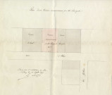 Plan d'un terrain soumissionné par M. Corniquel : plan de localisation du terrain / Dessin Le Corre Architecte.- Pontivy 1875.- 1 plan : papier, lavis de couleurs ; 37 x 36cm.