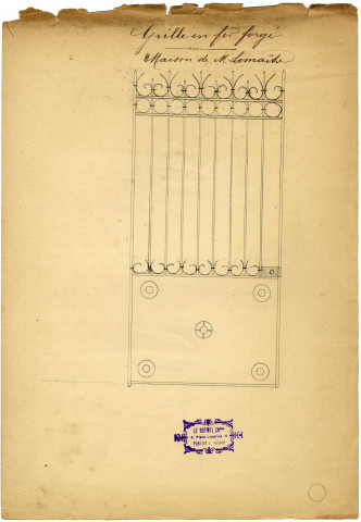 Maison Le Maître. Grille en fer Forgé / dessin Charles Le Botmel.- plan plié : papier ; 23 x 32,5cm.