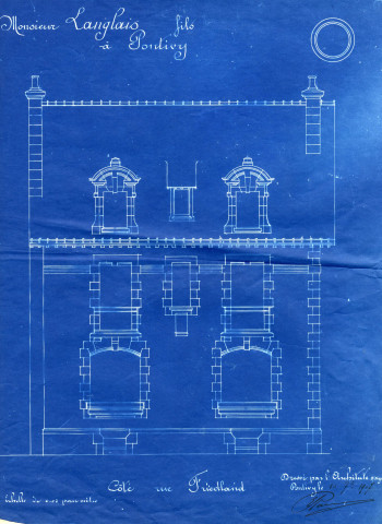 Maison Langlais fils à Pontivy : élévation côté rue Freidland / dessin Ramonatxo architecte.- Pontivy 1907.- plan plié : papier bleu ; 32 x 42,5cm.