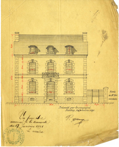 Maison Hivernage : élévation /Pontivy 1891.- 1 plan : 19,5 x 25cm.