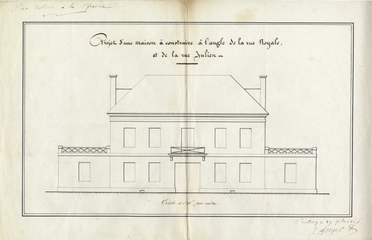 Projet de construction à l'angle de la rue Royale et de la rue Jullien/ Pontivy 1846.- plan : papier ; 45 x 28cm.