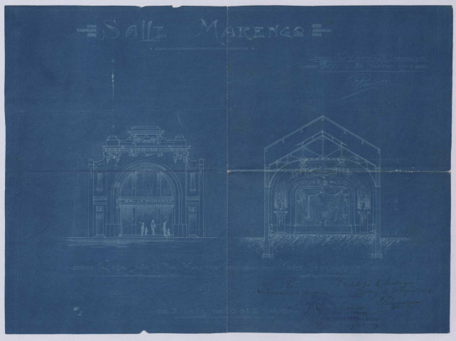 Eden Palace. Premier projet. Plan du rez de chaussée. / dessin dressé par Edouard Ramonatxo, architecte.- Pontivy, 1914.- plan en papier bleu, échelle 1:100e. 33,5 x 70,5cm.
