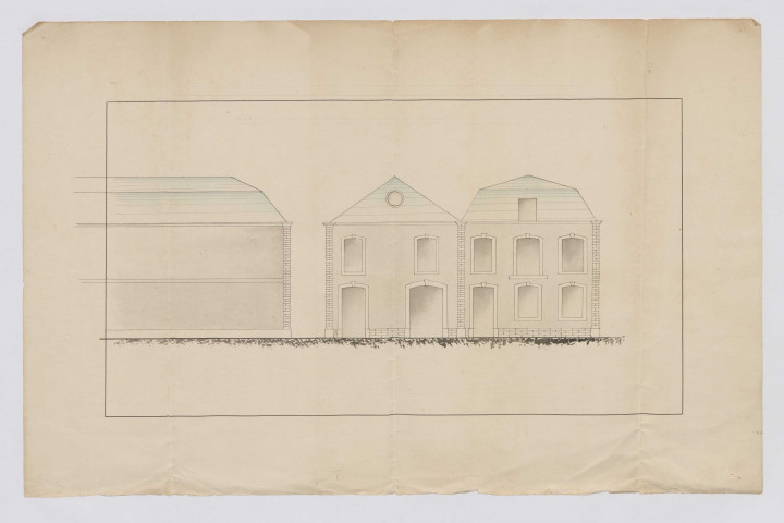 Plan des bâtiments projetés par M. Cocary à l'angle de la rue nationale et de la rue Joséphine / plan papier aquarellé ;  50,5 x 32,5cm.