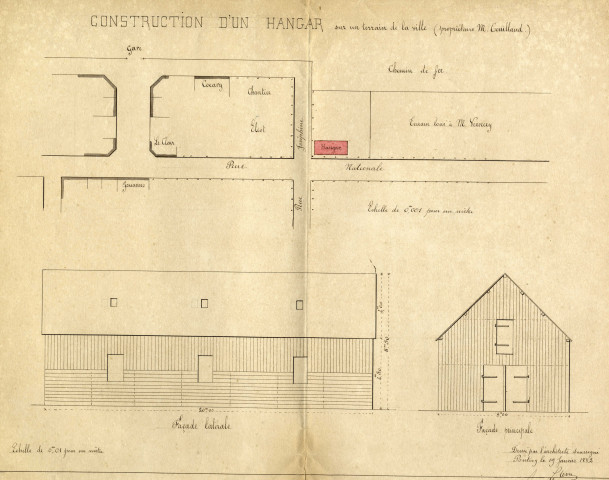 Maison Langlais fils à Pontivy : élévation côté rue Rivoli / dessin Ramonatxo architecte.- Pontivy 1907.- plan plié : papier bleu ; 35 x 40cm.