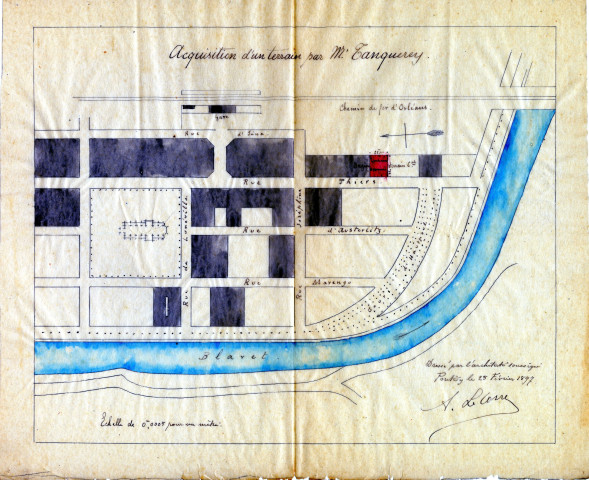 Acquisition d'un terrain par M. Tanquerey : plan de localisation du terrain / Dessin Le Corre Architecte.- Pontivy 1897.- 1 plan : calque, lavis de couleurs, échelle 1:2000 ; 36,5 x 31cm.